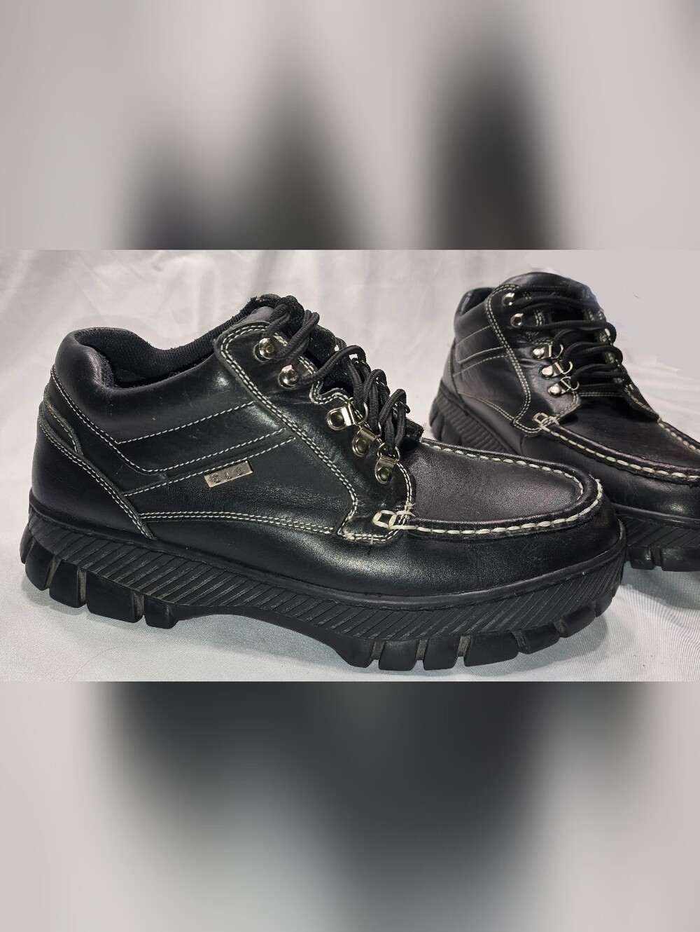 • Rare Vintage SAO Stacy Adams Black Leather Chunky Moc Toe Lug Sole Shoes 13M